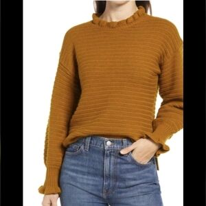 Madewell Mustard Brown Wool Cotton Ruffle Neck And Sleeve Sweater Women Sz Large